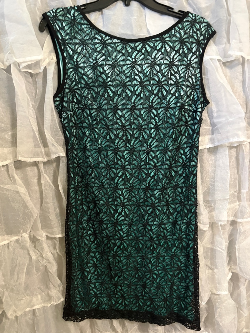 Sleeveless Teal Lace Overlay Dress